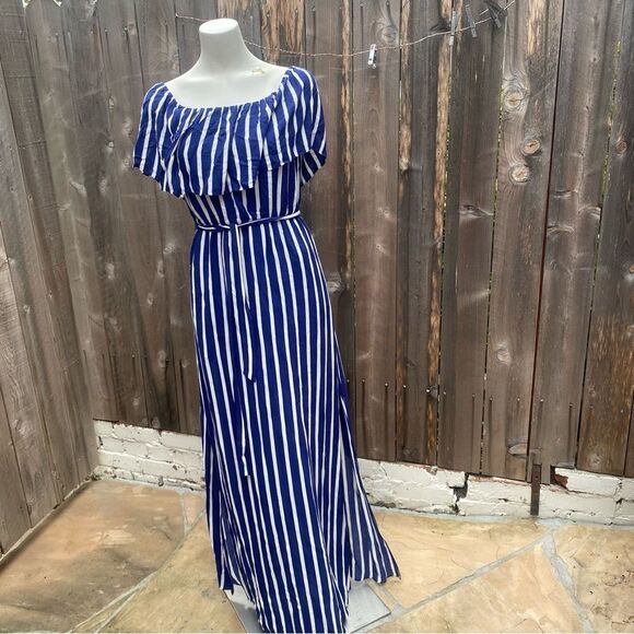 Alice and Olivia Striped Maxi Dress Grazi Off The Shoulder Blue size 6 - Picture 6 of 13